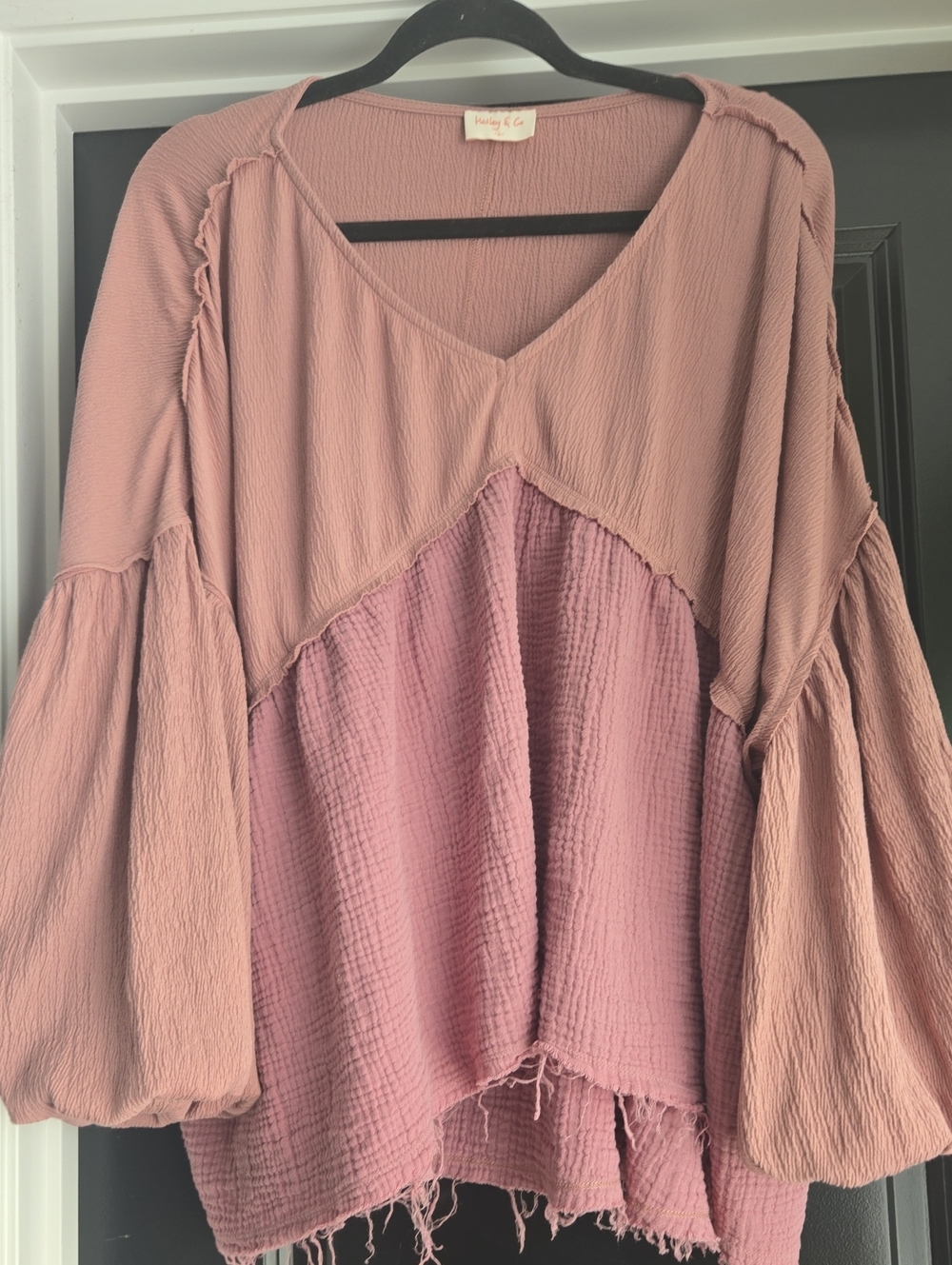 Two-Tone Rose and Mauve V-Neck Peasant Tunic - Women's. Fall Top